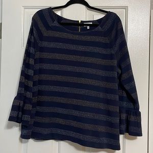Crown and Ivy 3/4 sleeve top XXL GUC Navy with metallic gold and silver stripes